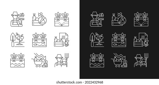 Farming linear icons set for dark and light mode. Innovative farm systems. Organic and fresh products. Customizable thin line symbols. Isolated vector outline illustrations. Editable stroke
