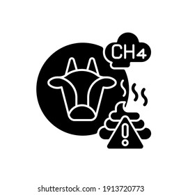 Farming livestock black glyph icon. People damaging earth atmosphere. Toxic waste killing whole planat. Global environment issue. Silhouette symbol on white space. Vector isolated illustration