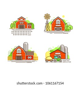 Farming logo collection in line design. Farm barns, farmhouses, windmill vector flat illustration isolated on white background. Labels for natural eco farm products