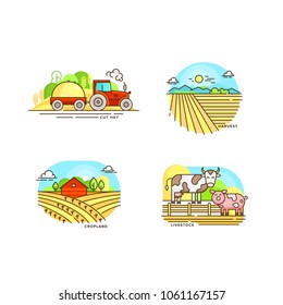 Farming logo collection in line design. Farm landscapes, barn, tractor, cropfield vector flat illustration isolated on white background. Labels for natural eco farm products
