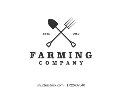 Farming logo fork and shovel silhouette icon, simple minimalis design.