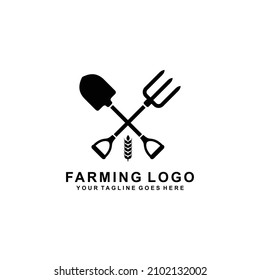 Farming logo. Shovel and farming fork simple flat logo vector