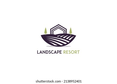 Farming logo template. Concept logo the farmer. Template with farm landscape. Label for natural farm products.