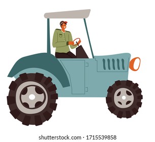 Farming male character riding tractor, isolated farmer working in agricultural industry. Agronomy or agriculture job, man at farm or ranch. Person in machinery for harvesting and cultivation vector