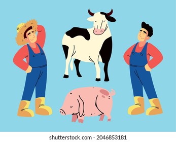 conjunto de iconos de hombre y animales de granja