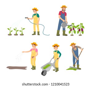 Farming man with can isolated icons set vector. Compost in trolley pushed by woman, agricultural land works on farm. Sowing woman and raking male