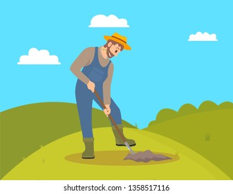 Farming man cultivating field on hill. Farmer working on land with shovel spade digging ground. Agricultural occupation and husbandry tool vector