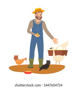Hombres de granja en vectores de granja, personas que cuidan animales domésticos alimentando pollos y gallinas, aves de corral de cría y cría, gansos y pollitos aislados