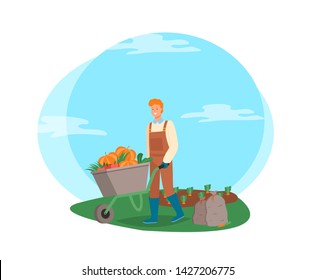 Farming man pushing wheelbarrow vector, male working on harvesting season, farmer on plantation of carrots, bags with ripe fruits and vegetables flat style