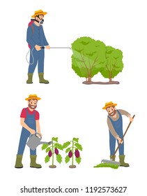 Farming man with sprayer icons vector. Curing bushes and protecting leaves from incest, watering plantation of aubergines. Male with compost and rake