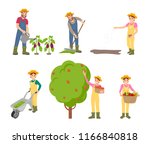 Farming man and woman icons set. Gathering of apples into basket, trolley with compost for land fertilizing. Person with harvested vegetables vector