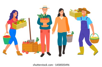 Farming man and woman with production vector, isolated farmer characters with carrots and pears in container. Lady with paprika and apples, shovel and box. Flat cartoon