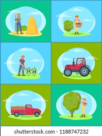 Farming man and woman, wearing special uniforms. Set of farmers on land, person with hayfork, lady with wicker basket and vegetables in it vector