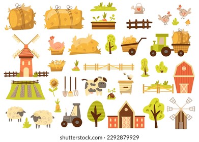 Farming mega set elements in flat design. Bundle of growing vegetables, poultry farming, animal husbandry, horticulture, beekeeping, harvesting, farmland. Vector illustration isolated graphic objects