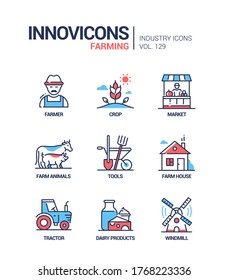 Farming - modern colorful line design style icons. Agriculture industry, life in a country idea. Farmer, crop, market, farm animals, tools, farm house, tractor, dairy products, windmill images