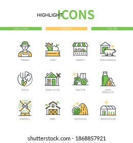 Landwirtschaft - moderne Design-Stil-Symbole gesetzt. Konzept der Landwirtschaft. Bauern, Ernte, Markt, Nutztiere, Werkzeuge, Haus, Traktor, Milchprodukte, Windmühle, Stall, Heuschrecken, Gewächshaus