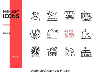 Farming - modern line design style icons set. Agriculture concept. Farmer, crop, market, farm animals, tools, house, tractor, dairy products, windmill, barn, haystacks, greenhouse