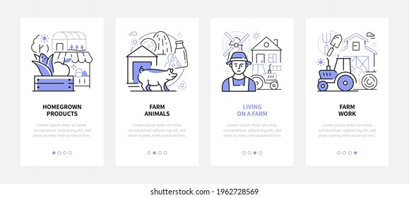 Farming - modern line design style web banners with copy space for text. Homegrown products, farm animals, living in the countryside, work carousel posts. Images of a tractor, crop, farmer, livestock