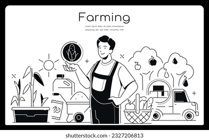 Farming - modern line design style banner with copy space for text. Composition with man shoving his harvest. Apple orchard, fruit basket, box truck, corn bed. Autumn season idea