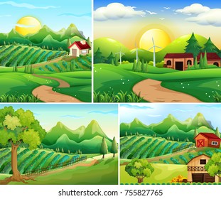 Farming nature scenes in set of four