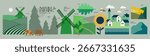 Farming and nature. Vector illustration of farm  with windmills, cows, fields, sunflower, coniferous forest, leaf, hill and village houses for agriculture poster, rural landscape