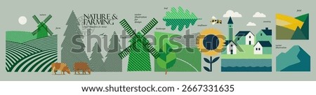 Farming and nature. Vector illustration of farm  with windmills, cows, fields, sunflower, coniferous forest, leaf, hill and village houses for agriculture poster, rural landscape