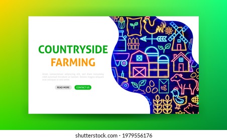 Farming Neon Landing Page. Vector Illustration of Countryside Promotion.
