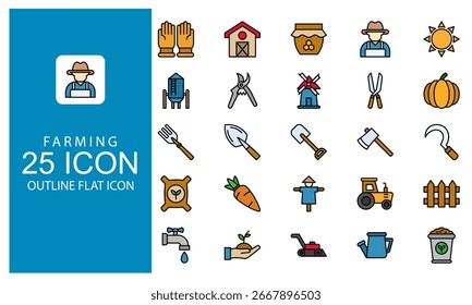 Conjunto de iconos de Farming Outline Flat. Icono Vector Jardinería, elemento de la agricultura en el estilo de diseño plano de contorno.