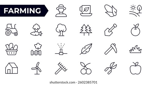 Farming outline icon set. agriculture, ecology, plantation, recyclable, clean, science, agronomy, stroke. Vector illustration Outline icon collection