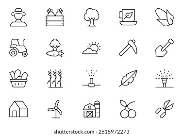 Farming outline icon set. agriculture, ecology, plantation, recyclable, clean, science, agronomy, stroke. Vector illustration Outline icon collection