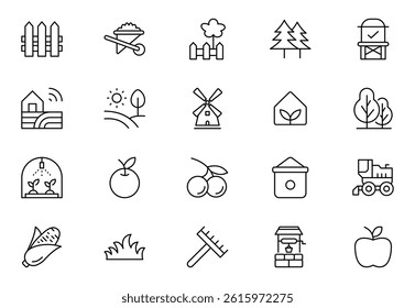 Farming outline icon set. agriculture, ecology, plantation, recyclable, clean, science, agronomy, stroke. Vector illustration Outline icon collection