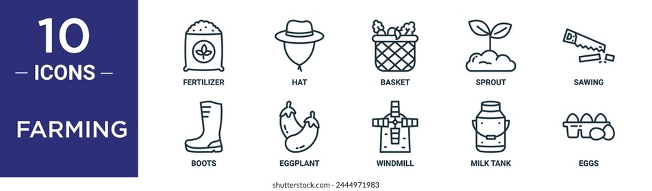 farming outline icon set includes thin line fertilizer, hat, basket, sprout, sawing, boots, eggplant icons for report, presentation, diagram, web design