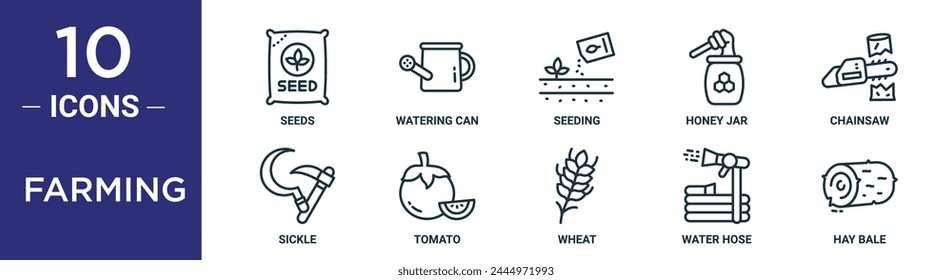 farming outline icon set includes thin line seeds, watering can, seeding, honey jar, chainsaw, sickle, tomato icons for report, presentation, diagram, web design