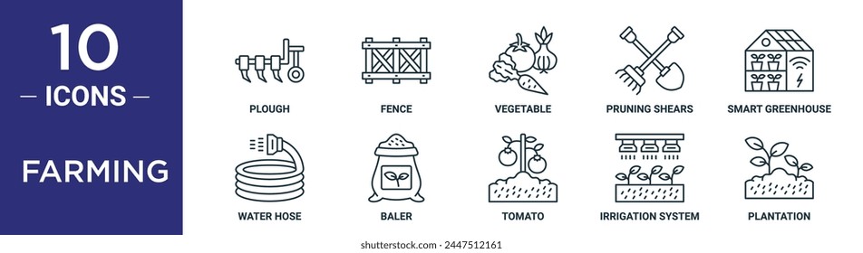 farming outline icon set includes thin line plough, fence, vegetable, pruning shears, smart greenhouse, water hose, baler icons for report, presentation, diagram, web design