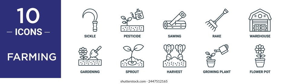 Farming Outline Icon Set enthält dünne Linie Sichel, Pestizid, Sägen, Harke, Lager, Gartenarbeit, Spross Icons für Bericht, Präsentation, Diagramm, Webdesign