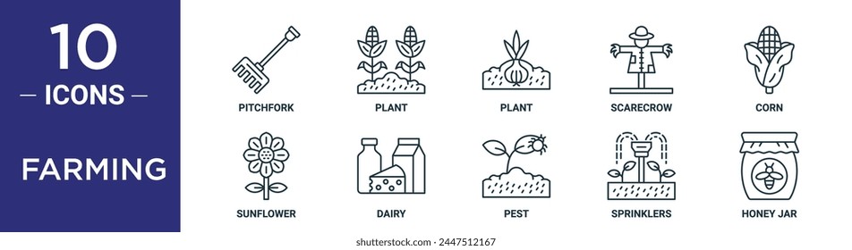 farming outline icon set includes thin line pitchfork, plant, plant, scarecrow, corn, sunflower, dairy icons for report, presentation, diagram, web design