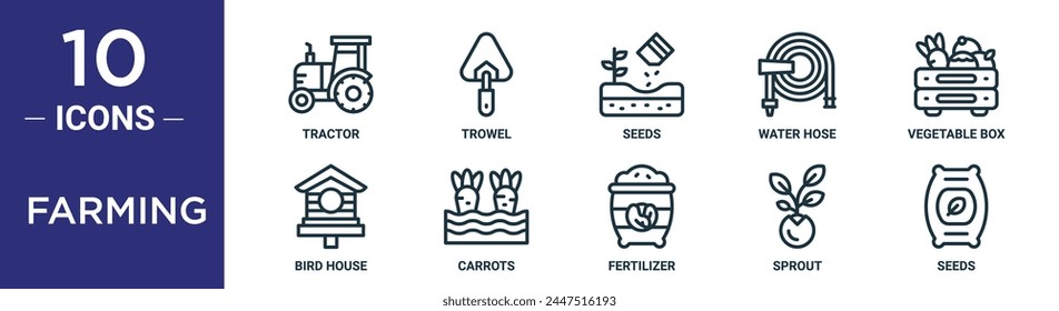 farming outline icon set includes thin line tractor, trowel, seeds, water hose, vegetable box, bird house, carrots icons for report, presentation, diagram, web design