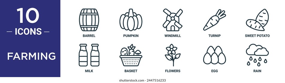 conjunto de iconos de esquema de agricultura incluye barril de línea delgada, calabaza, molino de viento, nabo, batata, leche, iconos de la cesta para el informe, presentación, diagrama, Diseño web