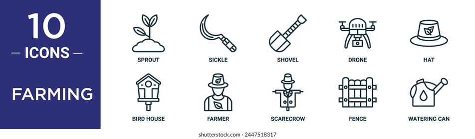 farming outline icon set includes thin line sprout, sickle, shovel, drone, hat, bird house, farmer icons for report, presentation, diagram, web design