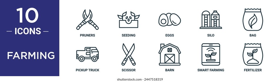 farming outline icon set includes thin line pruners, seeding, eggs, silo, bag, pickup truck, scissor icons for report, presentation, diagram, web design