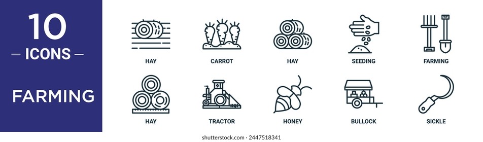 Farming Outline Icon Set enthält dünne Linie Heu, Karotte, Heu, Saatgut, Landwirtschaft, Heu, Traktor Icons für Bericht, Präsentation, Diagramm, Webdesign