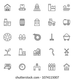 Farming outline icons set. linear style symbols collection, line signs pack. vector graphics. Set includes icons as barn house, conveyor, agricultural machinery, factory station, field with sun cloud