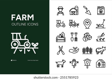 Farming Outline Icons set. Vector illustration in modern thin line style of agriculture related icons: farm products, animals, equipment, and more.