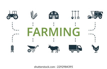 Farming outline set. Creative icons: tractor, wheat, barn, digging tools, harvester, silo, wheelbarrow, cattle, truck, chicken.