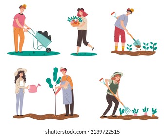 Personajes agrícolas que trabajan en el jardín y en el cultivo de plantas. Conjunto de ilustraciones de elementos gráficos de diseño