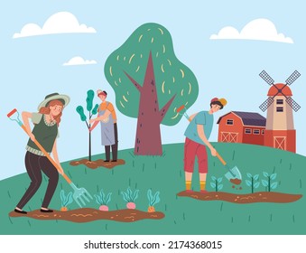 Farming people characters working in garden and growing plants. Design graphic element illustration