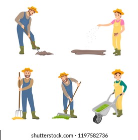 Farming people digging land, sowing seeds set. Isolated icons of man and woman working on ground. Farmer with hayfork and rake, pulling trolley vector