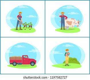 Farming people at plantation set vector. Farmer with cow cattle livestock on field, lorry transporting harvested potatoes in trailer. Woman and piglet
