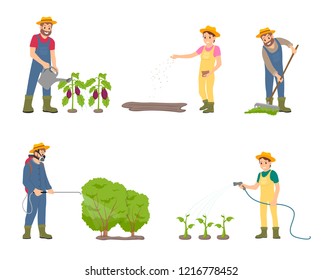 Farming people with sprayer isolated icons vector. Man watering aubergines, woman with hose and plants. Male spraying bushes, raking compost on soil