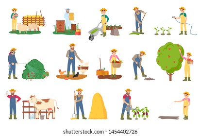 Farming people vector, beekeeping and plantation harvesting season, gathering fruits from trees and cutting bushes, watering aubergines, cow and sheep